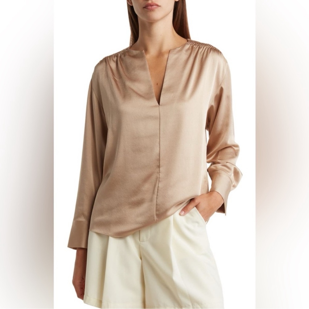 Vince Cream Satin V-Neck Long-Sleeve Blouse